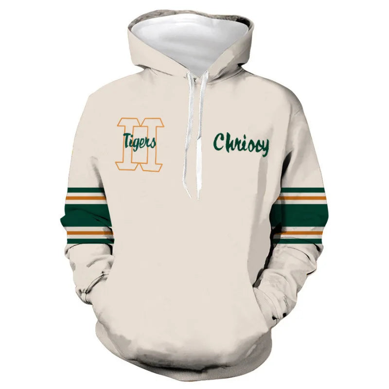 Sweat à capuche Chrissy Stranger Things de face, broderies H Tigers et Chrissy