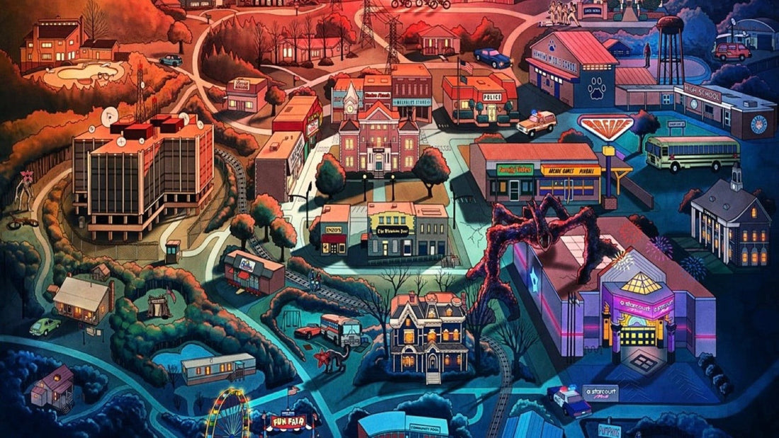 Carte illustrée de Hawkins vue du ciel : le laboratoire, le château d'eau et les lianes rouges de l'Envers