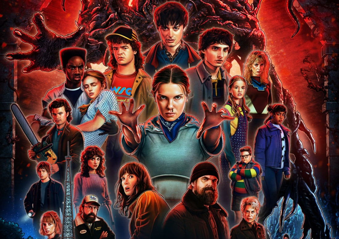 Affiche collage de Stranger Things : une vingtaine de visages en rouge et bleu autour d'une fille aux paumes levées
