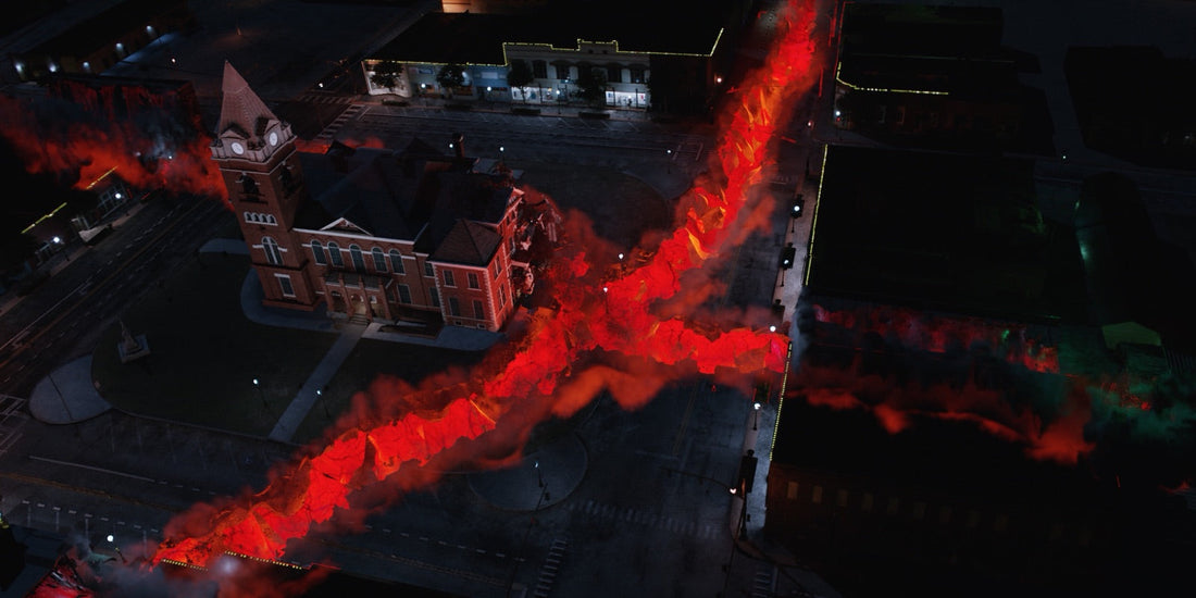 La faille rouge qui déchire Hawkins vue du ciel, à la fin de la saison 4 de Stranger Things