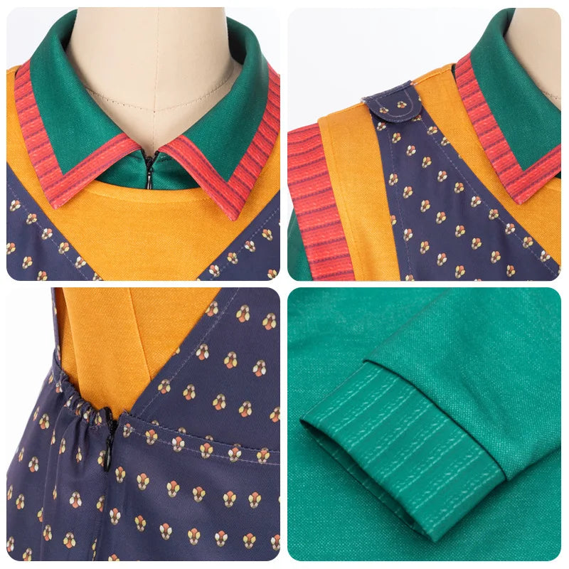 Détails du costume Holly Wheeler : col du haut vert, gilet orange et tissu violet à motifs