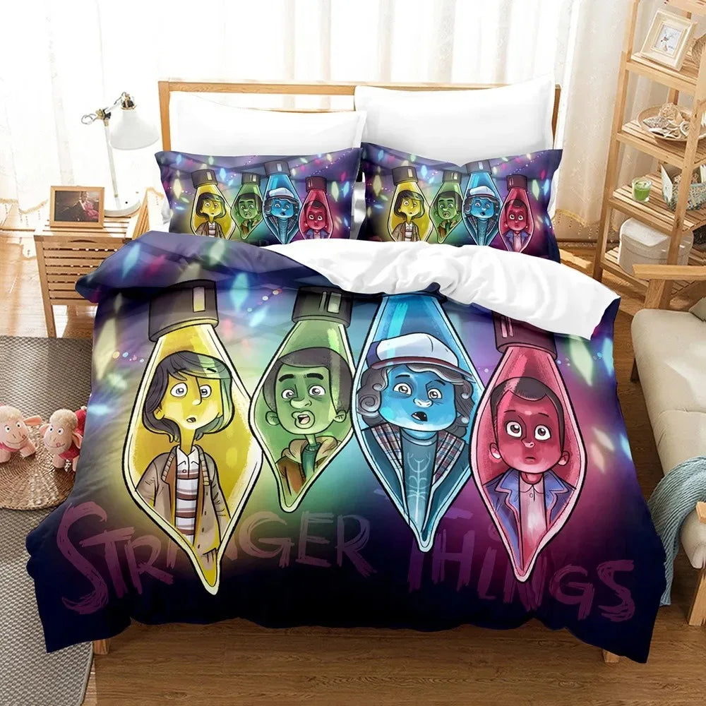 Parure de lit Stranger Things la bande en ampoules de guirlande sur un lit, avec ses taies d'oreiller assorties