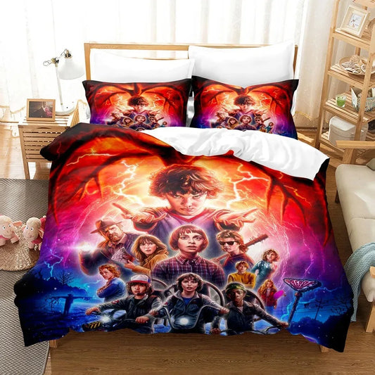 Parure de lit Stranger Things saison 2 Flagelleur mental sur un lit, avec ses taies d'oreiller assorties