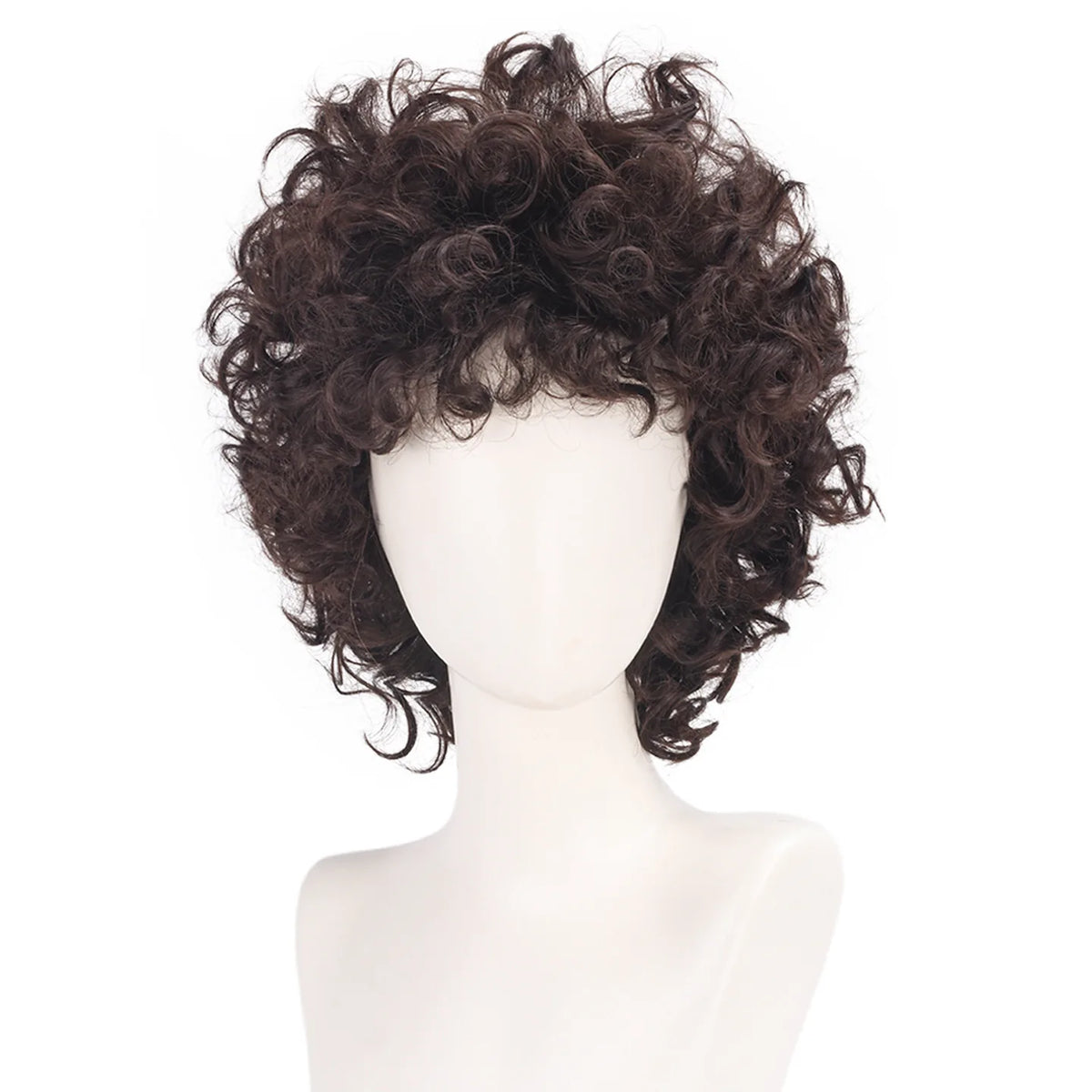 Perruque Dustin Henderson Stranger Things, boucles brunes courtes, vue de face
