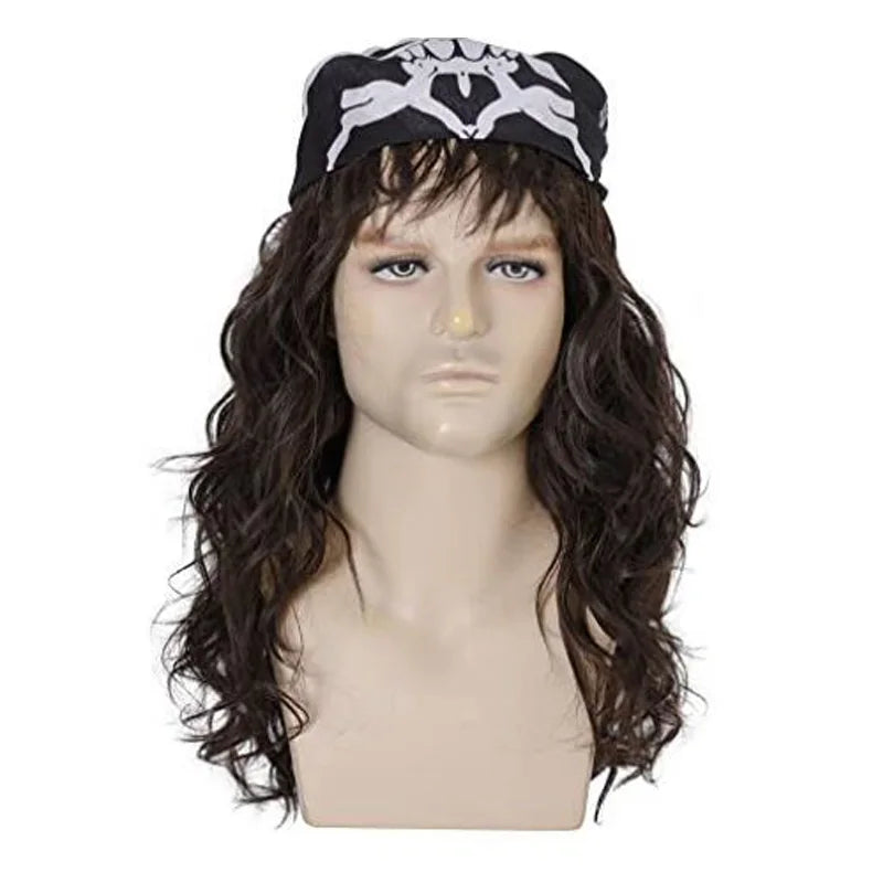 Perruque Eddie Munson Stranger Things avec bandana noir à motif blanc
