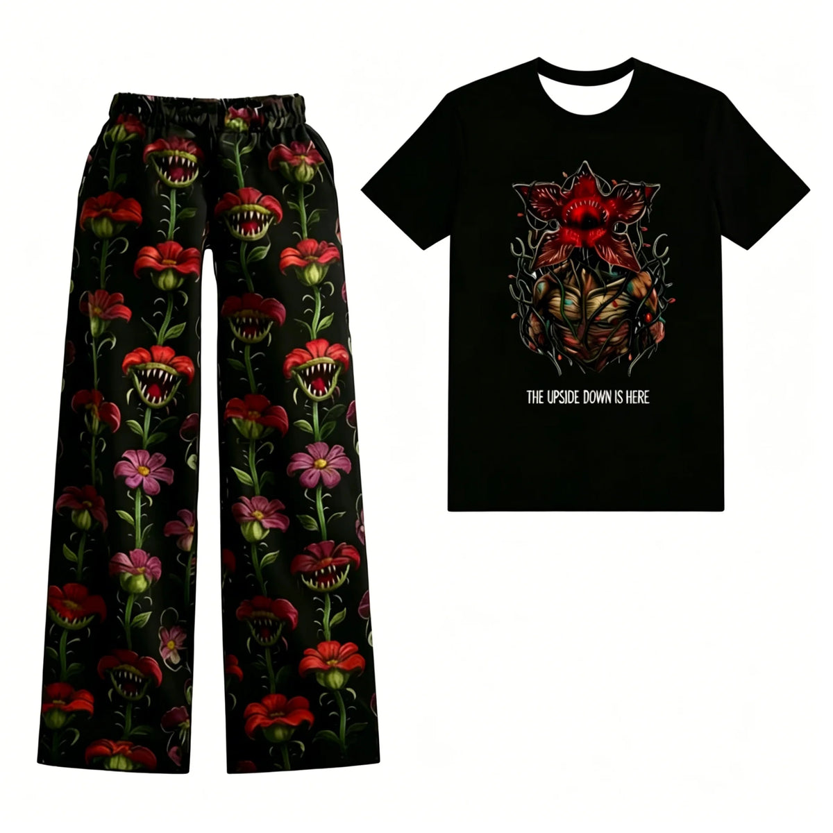 Pyjama Stranger Things femme t-shirt noir Demogorgon fleuri et pantalon à fleurs carnivores