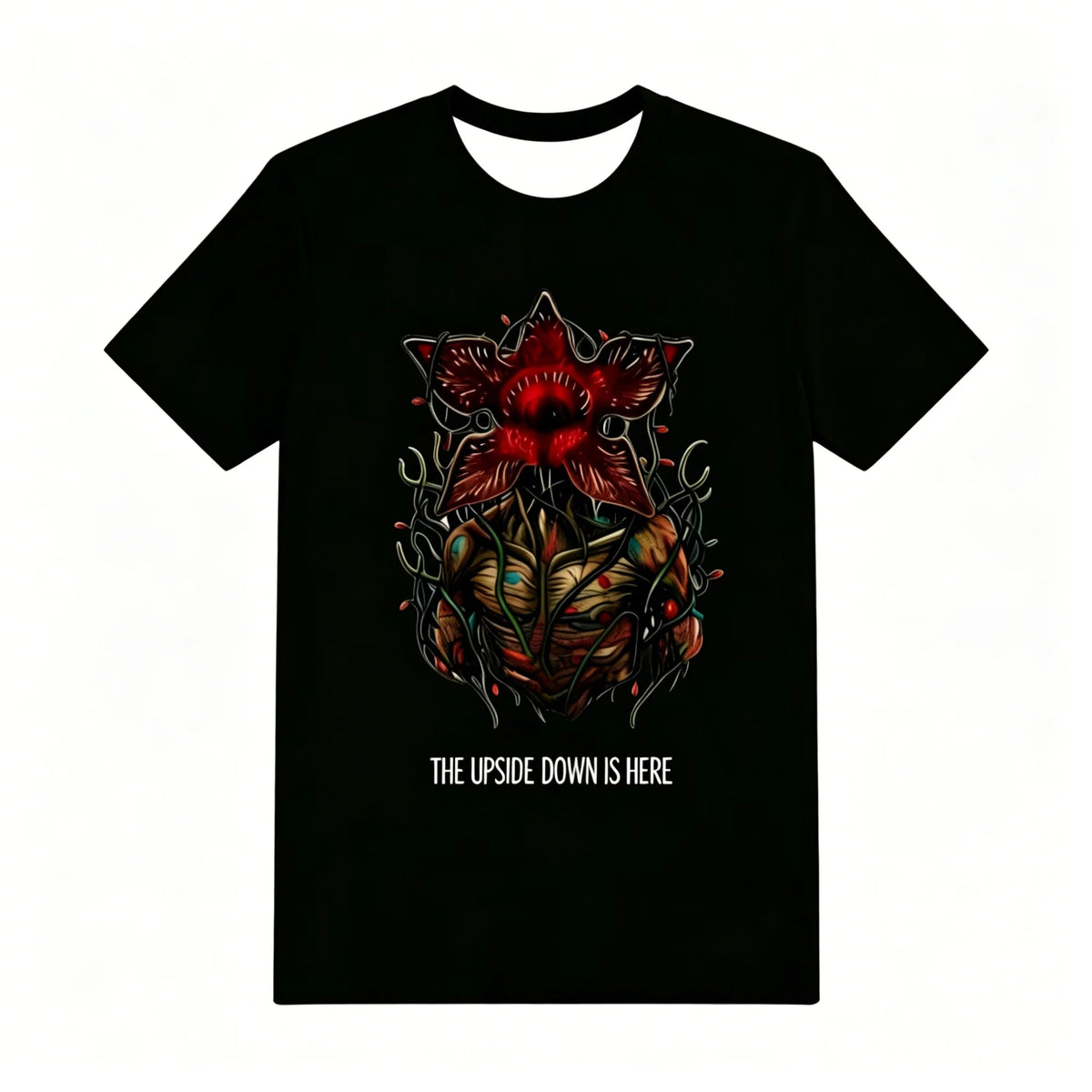 T-shirt noir du pyjama Stranger Things, Demogorgon en fleurs et inscription The Upside Down Is Here