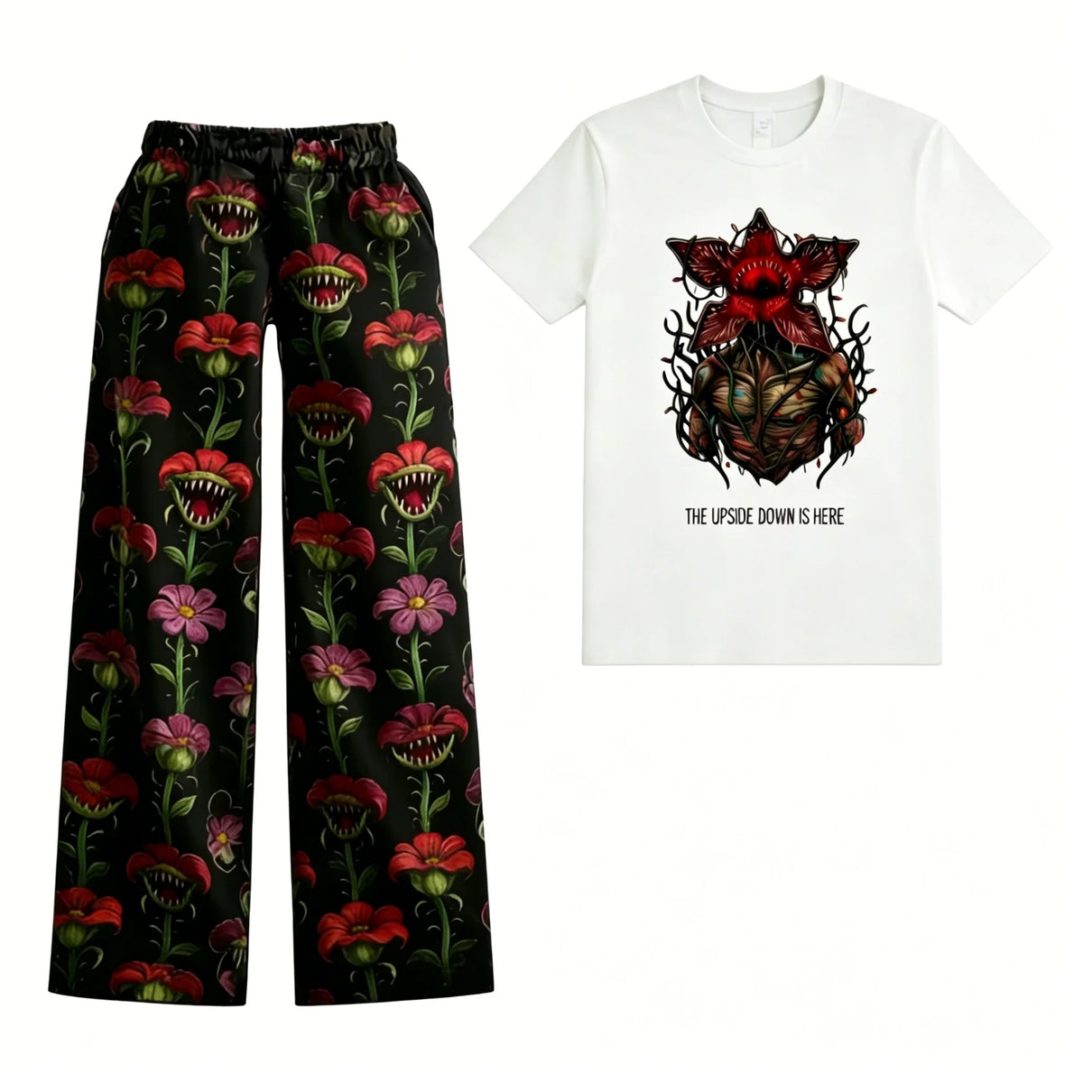 Pyjama Stranger Things femme t-shirt blanc Demogorgon fleuri et pantalon à fleurs carnivores