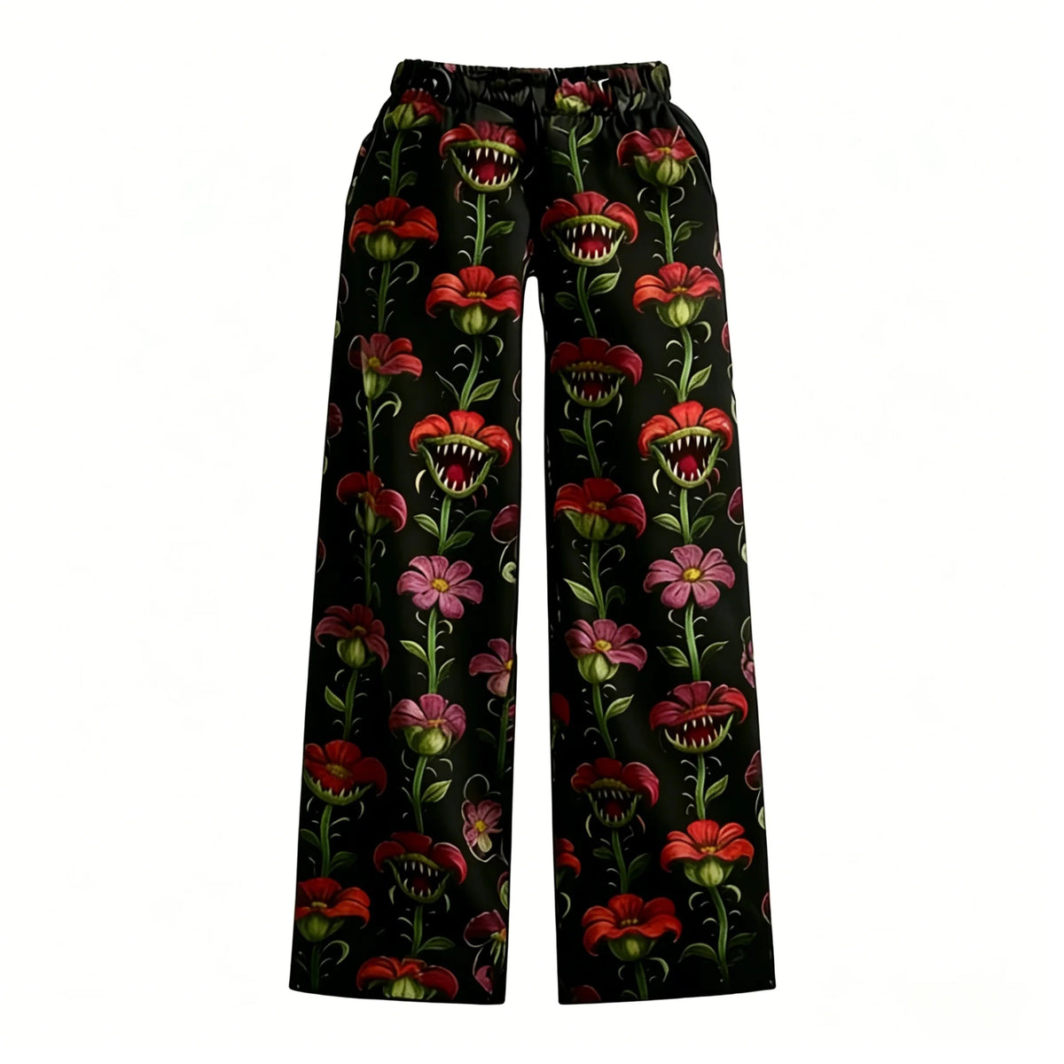 Pantalon de pyjama Stranger Things à fleurs carnivores rouges et roses sur fond noir