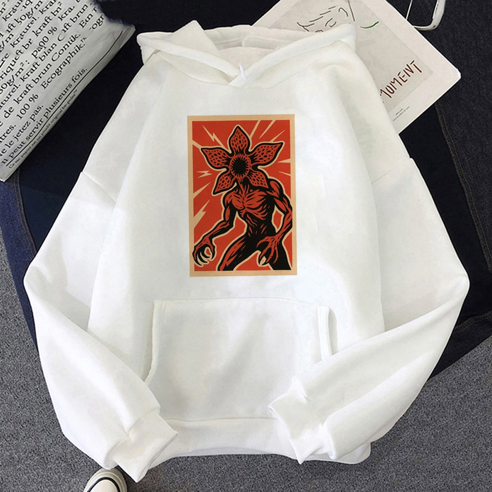 Sweat à capuche blanc Stranger Things affiche du Demogorgon, dessin imprimé sur le devant