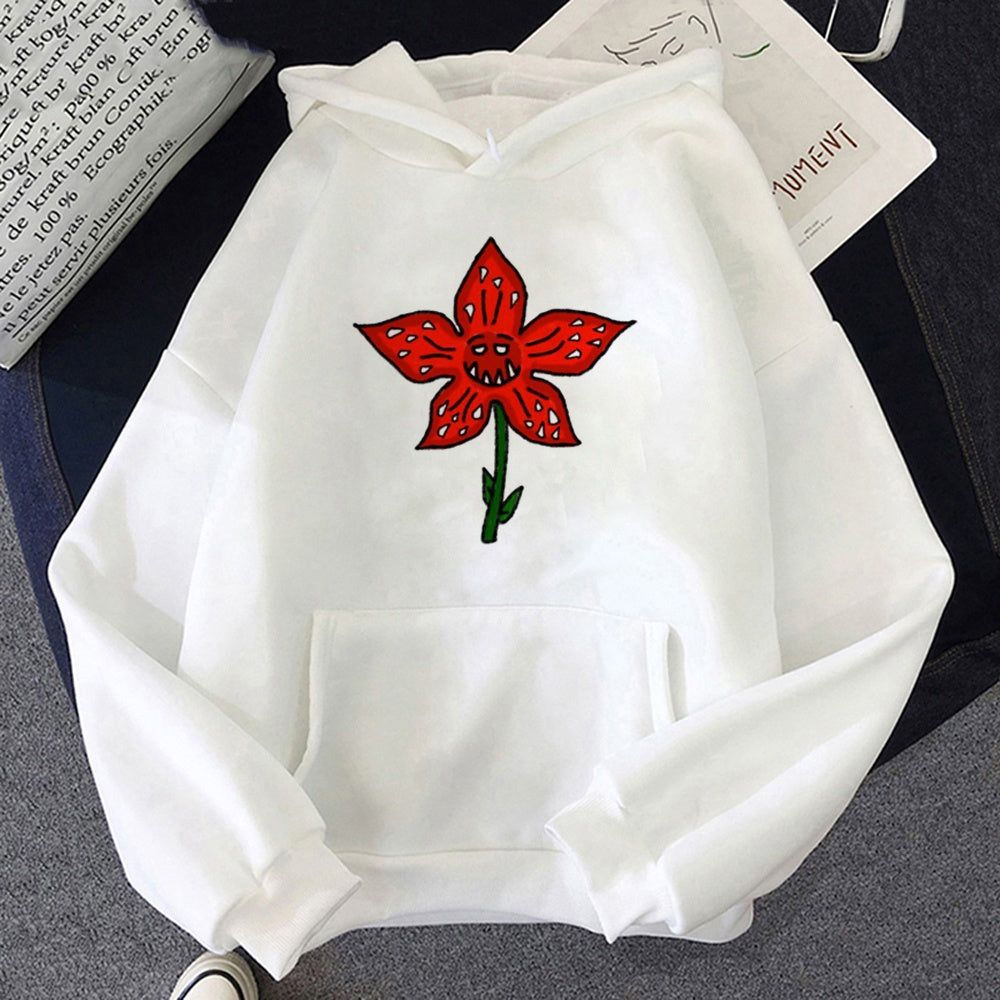 Sweat à capuche blanc Stranger Things fleur du Demogorgon, dessin imprimé sur le devant