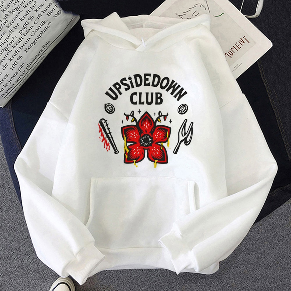 Sweat à capuche blanc Stranger Things Upside Down Club, dessin imprimé sur le devant