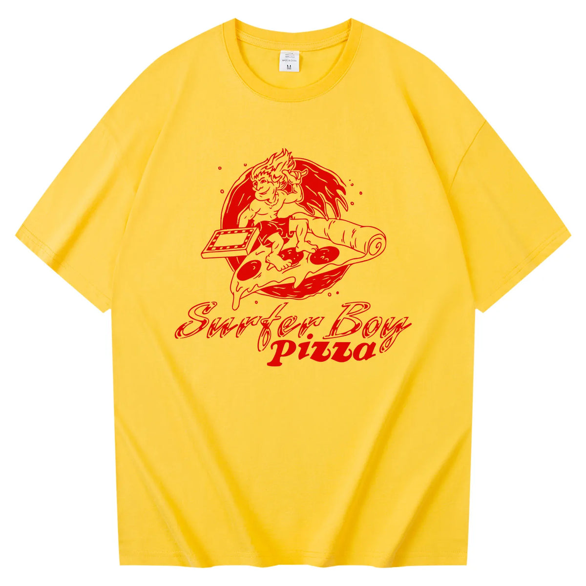 T-shirt Surfer Boy Pizza Stranger Things jaune, logo rouge de la pizzeria d'Argyle sur le devant