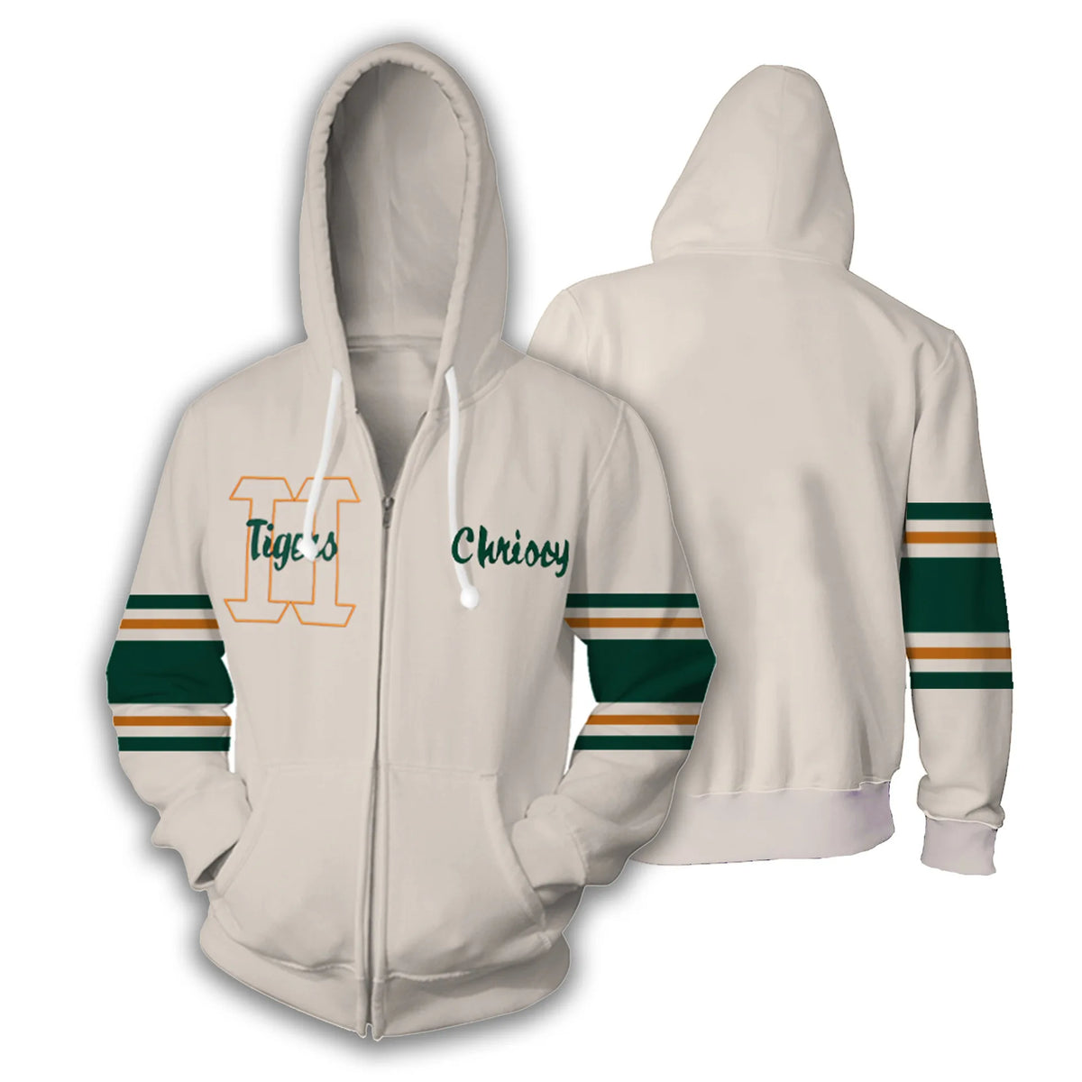 Veste cosplay Stranger Things Chrissy zippée à capuche, crème à manches rayées vert et orange, de face et de dos