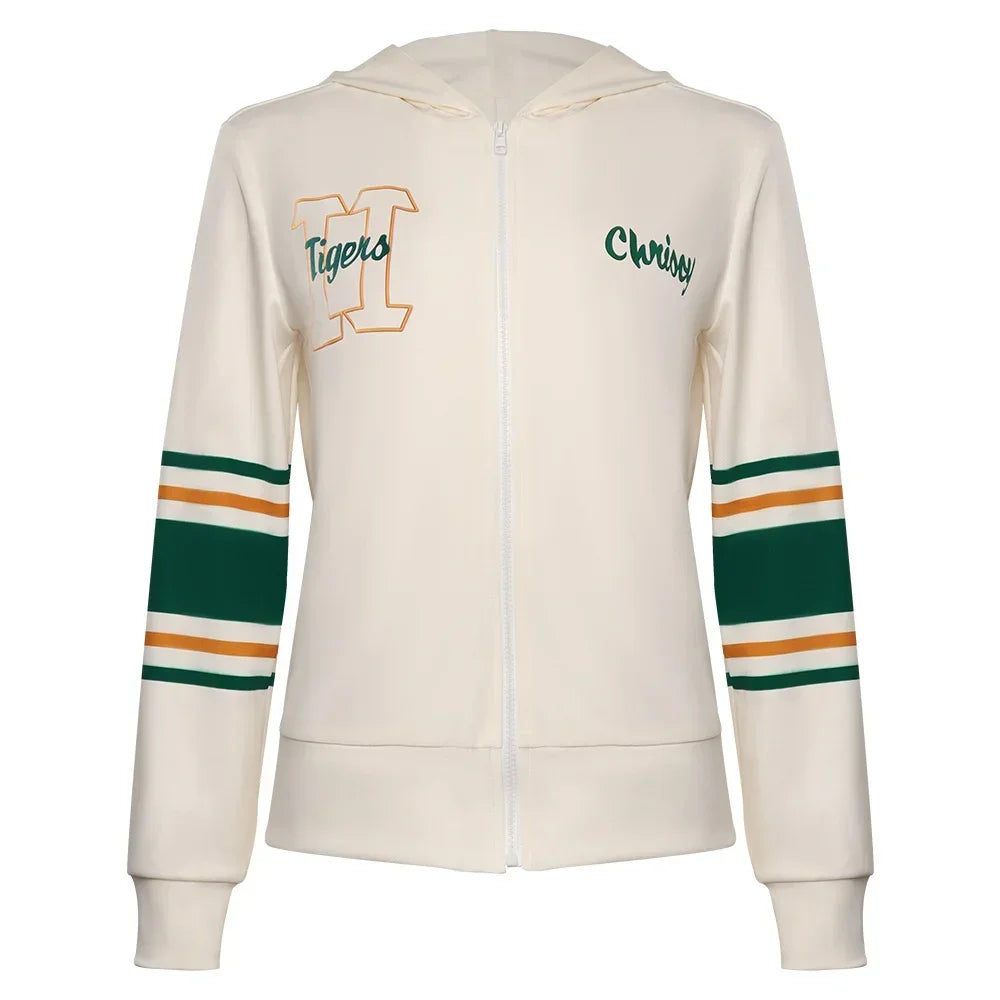 Veste zippée Chrissy Stranger Things de face, broderies H Tigers et Chrissy