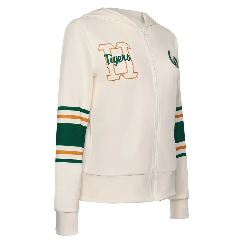 Veste cosplay Chrissy Stranger Things de trois quarts, écusson H Tigers