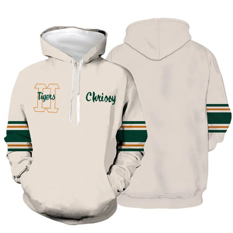 Sweat à capuche cosplay Stranger Things Chrissy, crème à manches rayées, de face et de dos