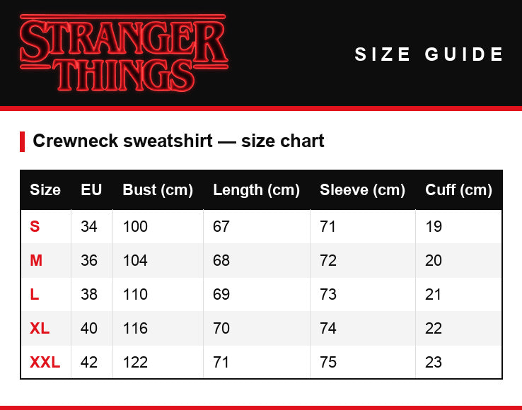 Guide des tailles – Sweat col rond Stranger Things The Upside Down objets cultes